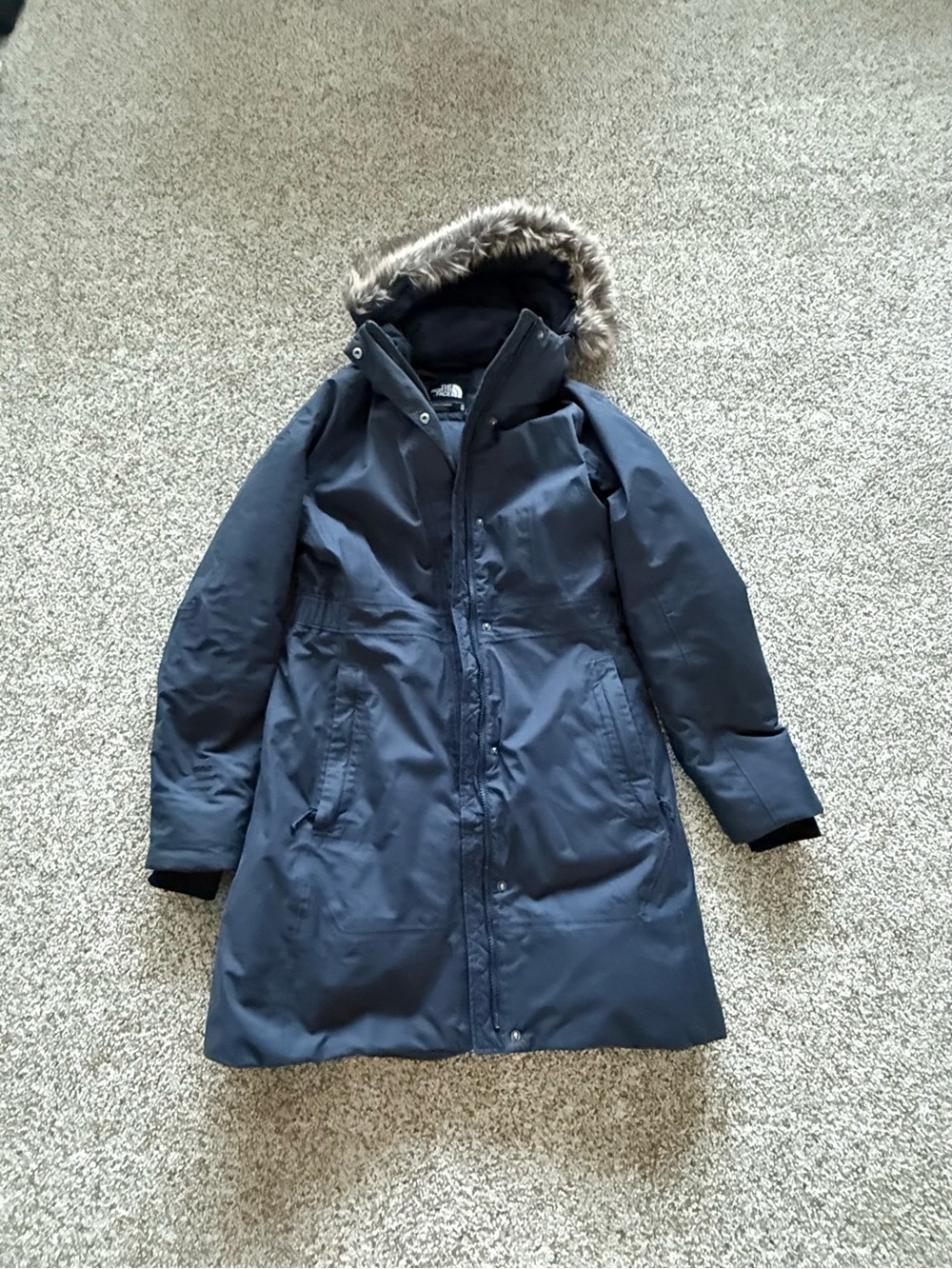 The North Face Women's Navy Hooded Puffer Parka with Faux Fur Trim